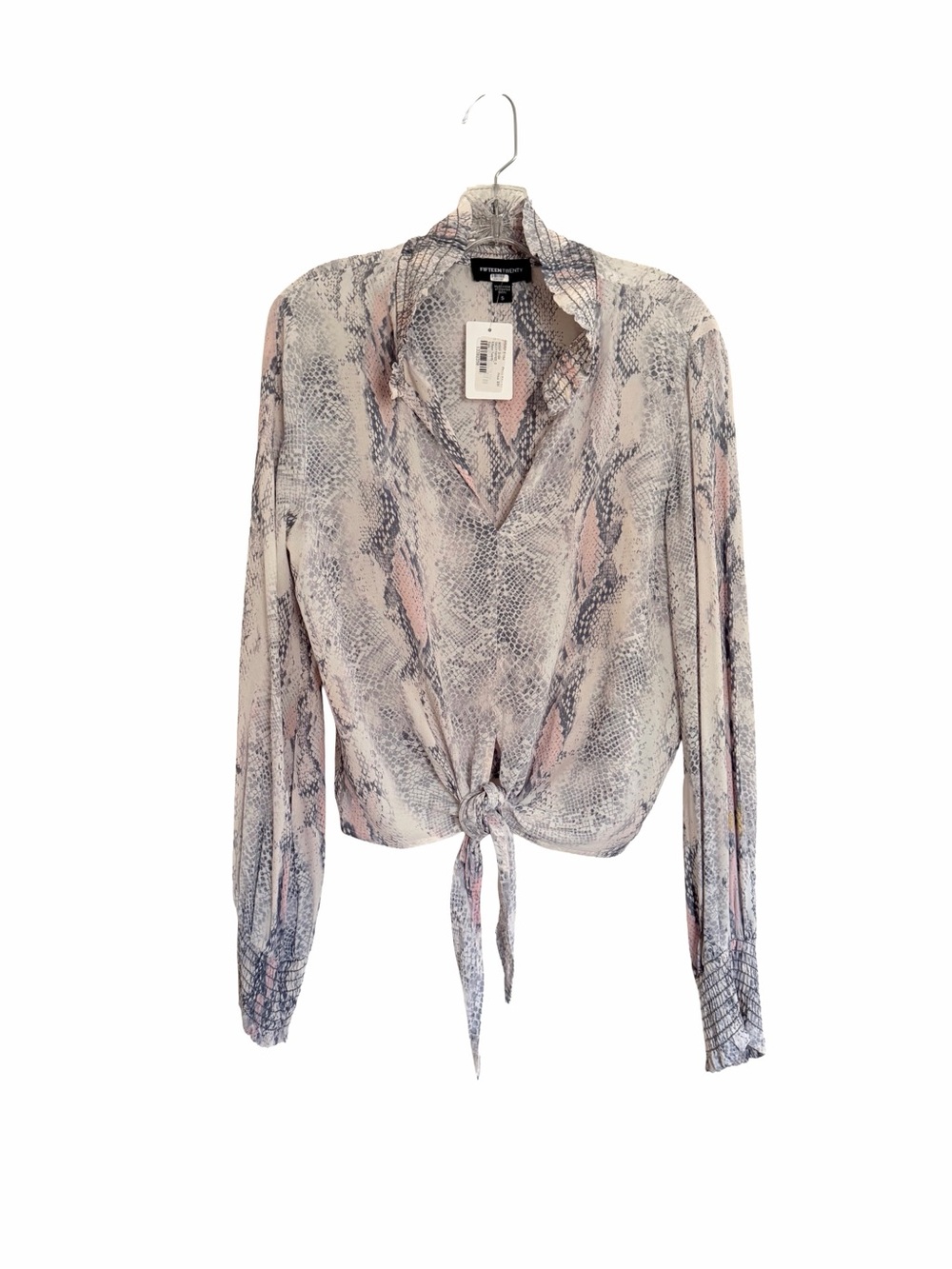 Fifteen Twenty Pink and Gray Snake-Print Tie-Front Blouse